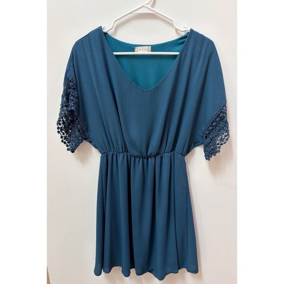 Altar'd State Womens Medium Teal Mini Dress With Crochet Sleeves & Elastic Waist - Picture 1 of 5